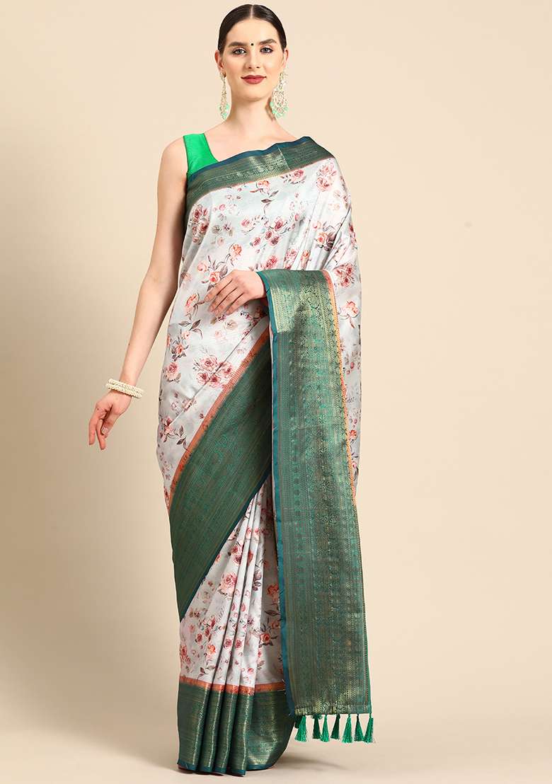 Grey Digital Print Art Silk Blend Saree Set - Indya