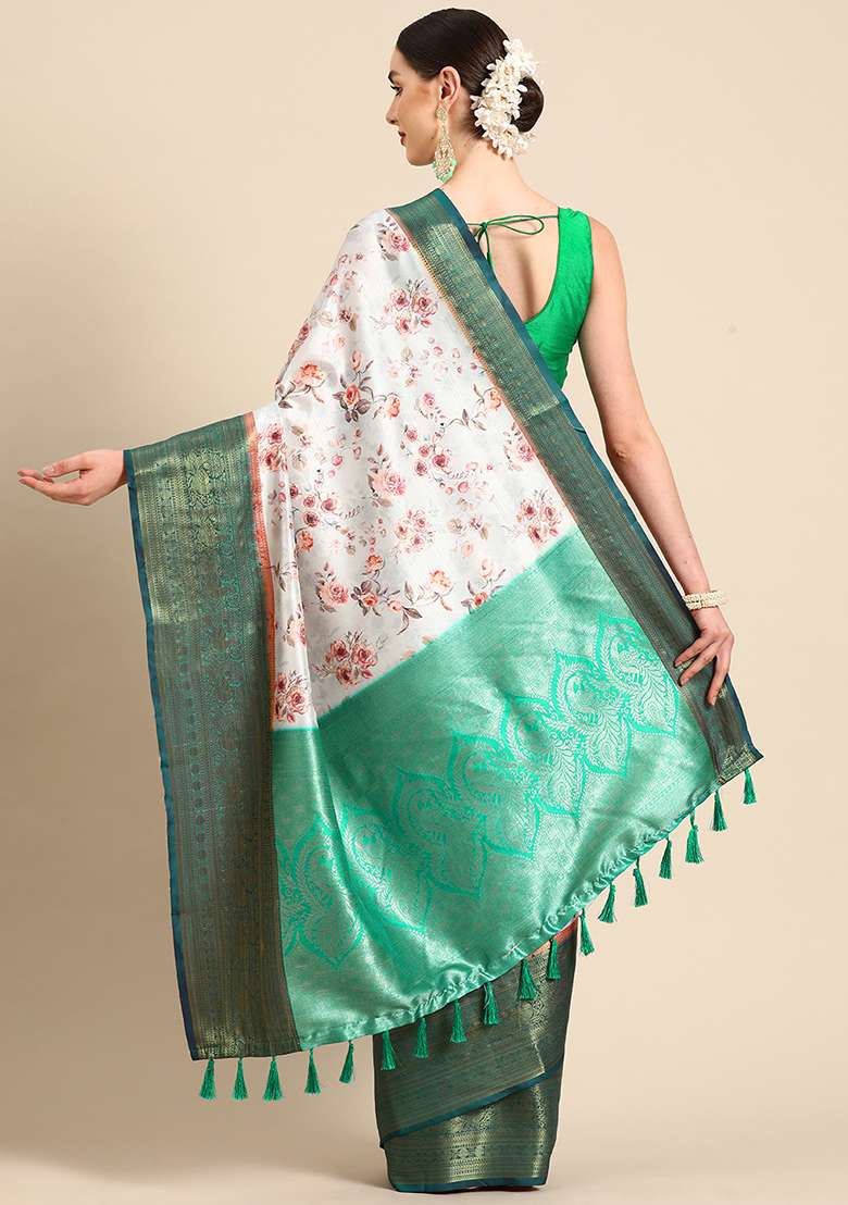 Grey Digital Print Art Silk Blend Saree Set - Indya