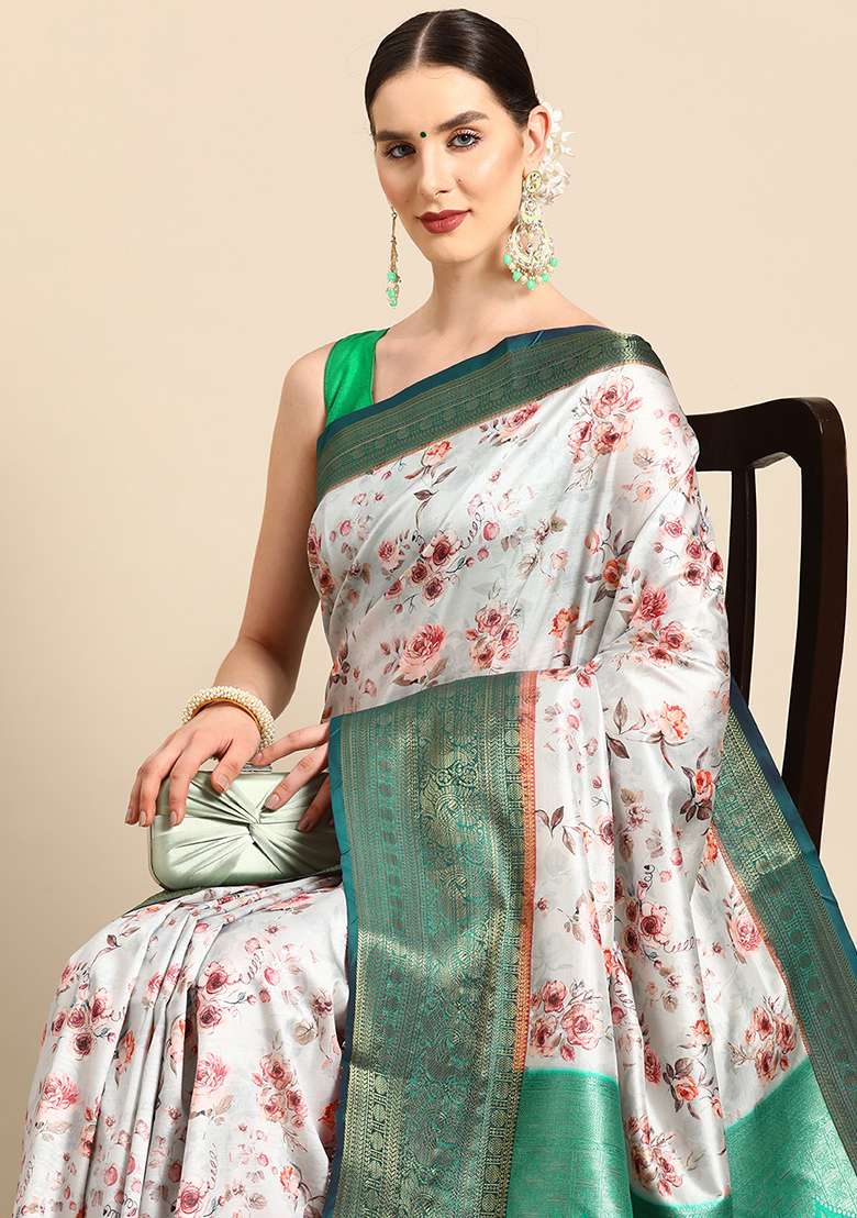 Grey Digital Print Art Silk Blend Saree Set - Indya