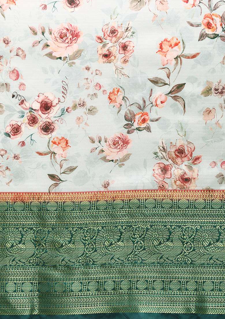 Grey Digital Print Art Silk Blend Saree Set - Indya