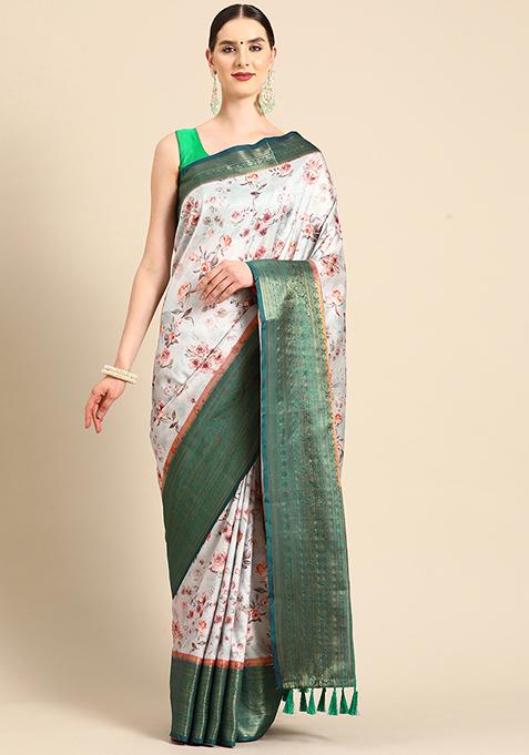 Grey Digital Print Art Silk Saree Set