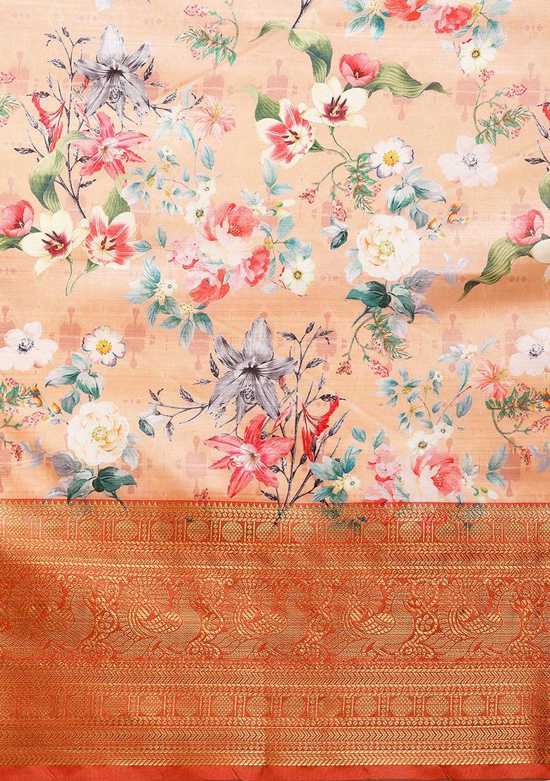 Peach Digital Print Art Silk Saree Set - Indya