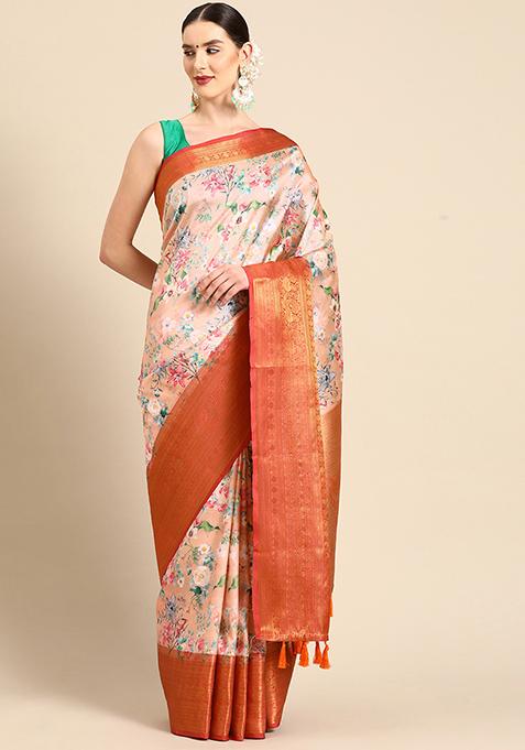 Peach Digital Print Art Silk Saree Set