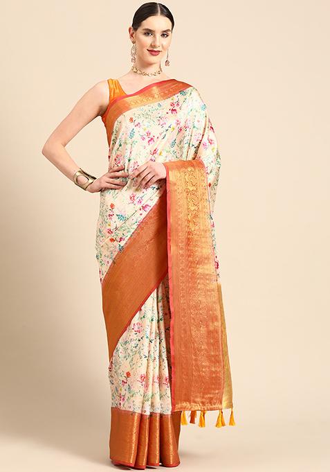 Multicolor Digital Print Art Silk Saree Set