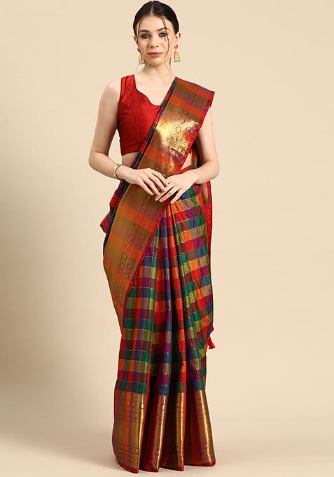 Multi Color Checkered Kanjeevaram Silk Saree Set