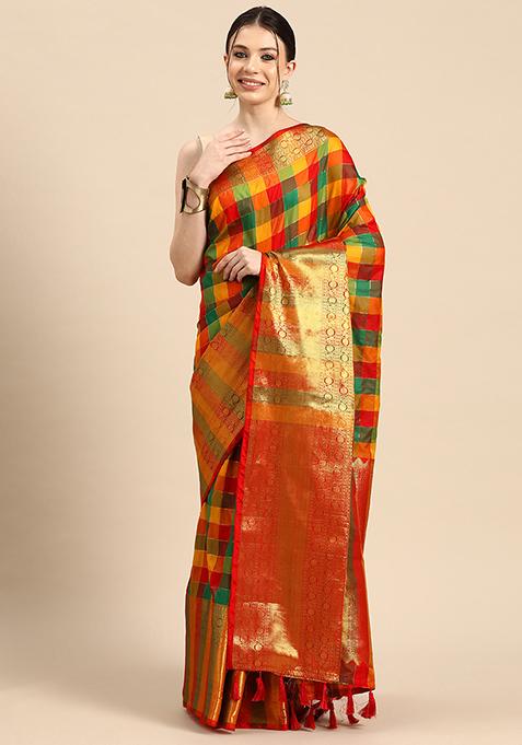 Multi Color Checkered Kanjeevaram Saree Set