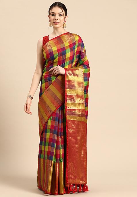 Multicolor Checks Kanjeevaram Silk Saree Set