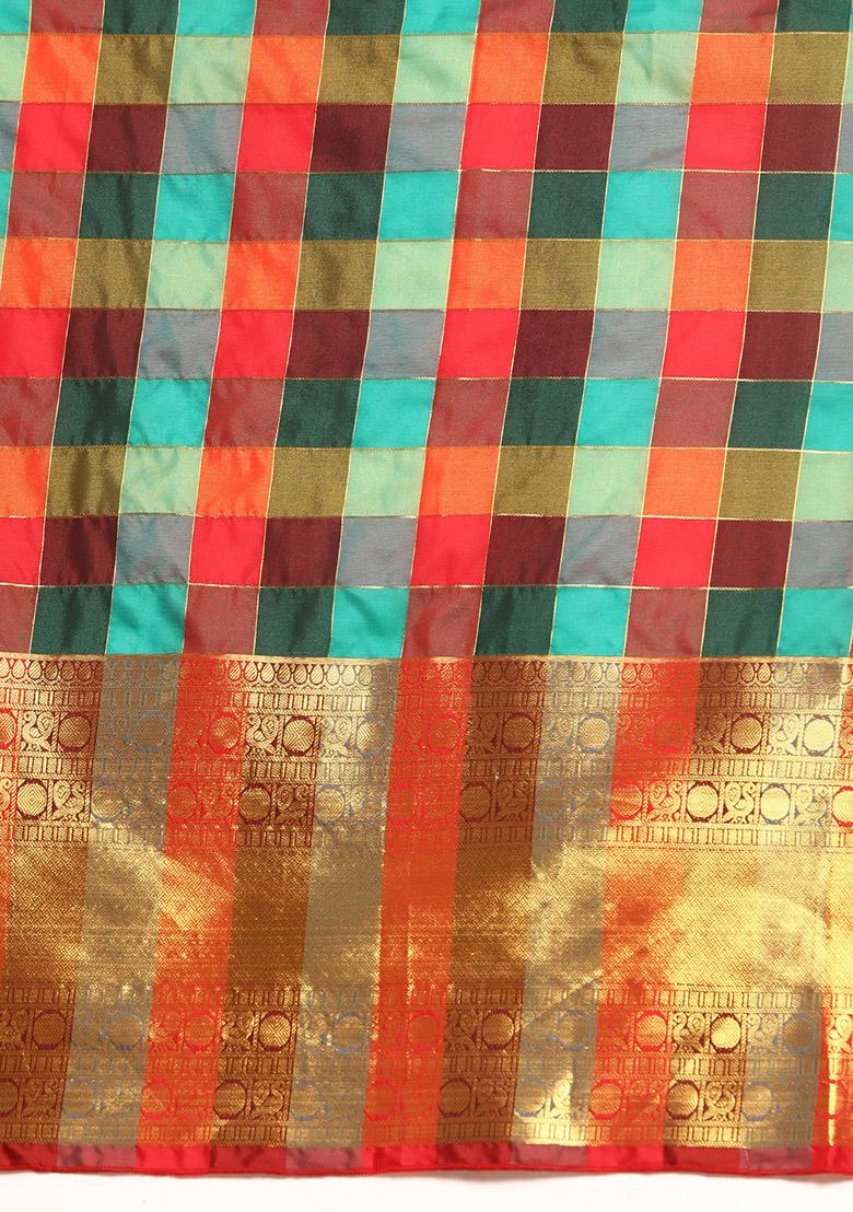Multicolor Checkered Kanjeevaram Silk Saree Set - Indya