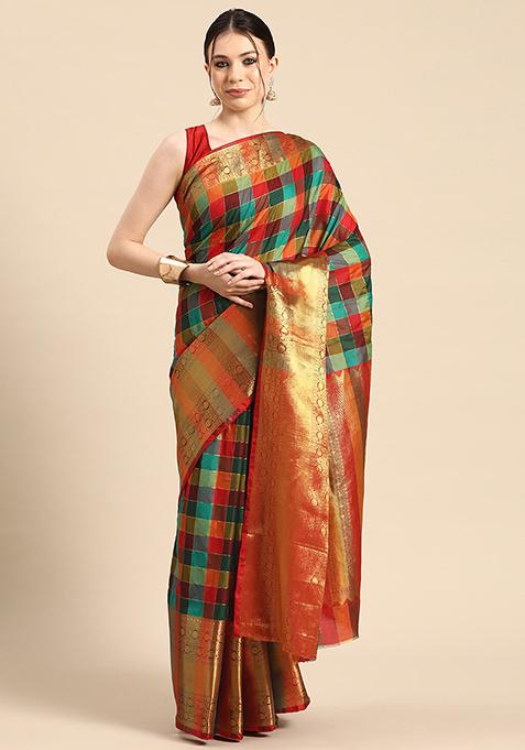 Multicolor Checkered Kanjeevaram Silk Saree Set