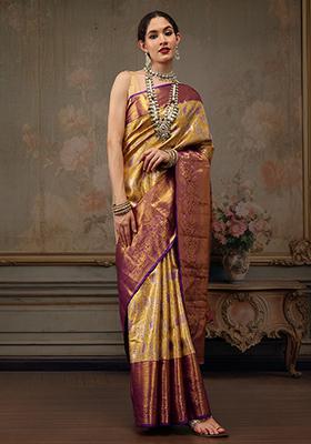 Mustard Woven Pure Silk Banarasi Saree Set