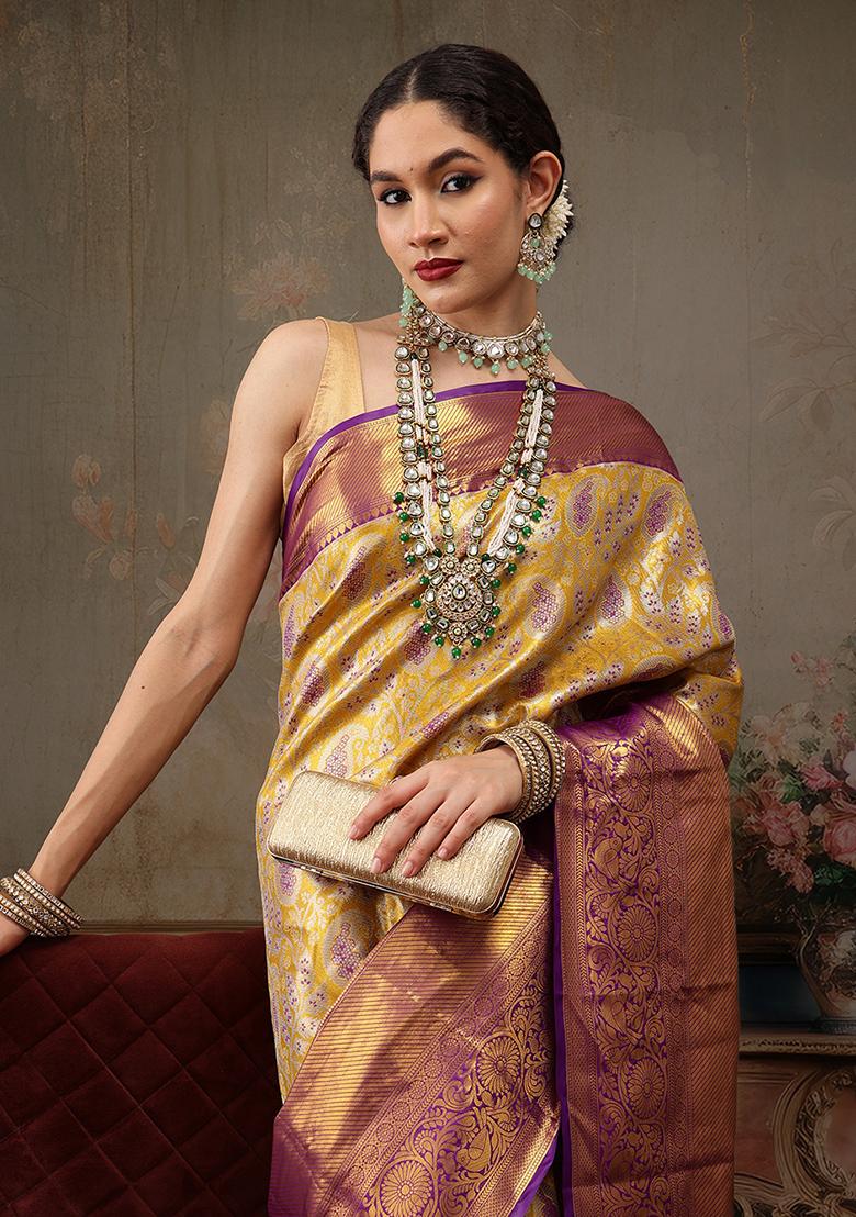 Mustard Woven Pure Silk Banarasi Saree Set