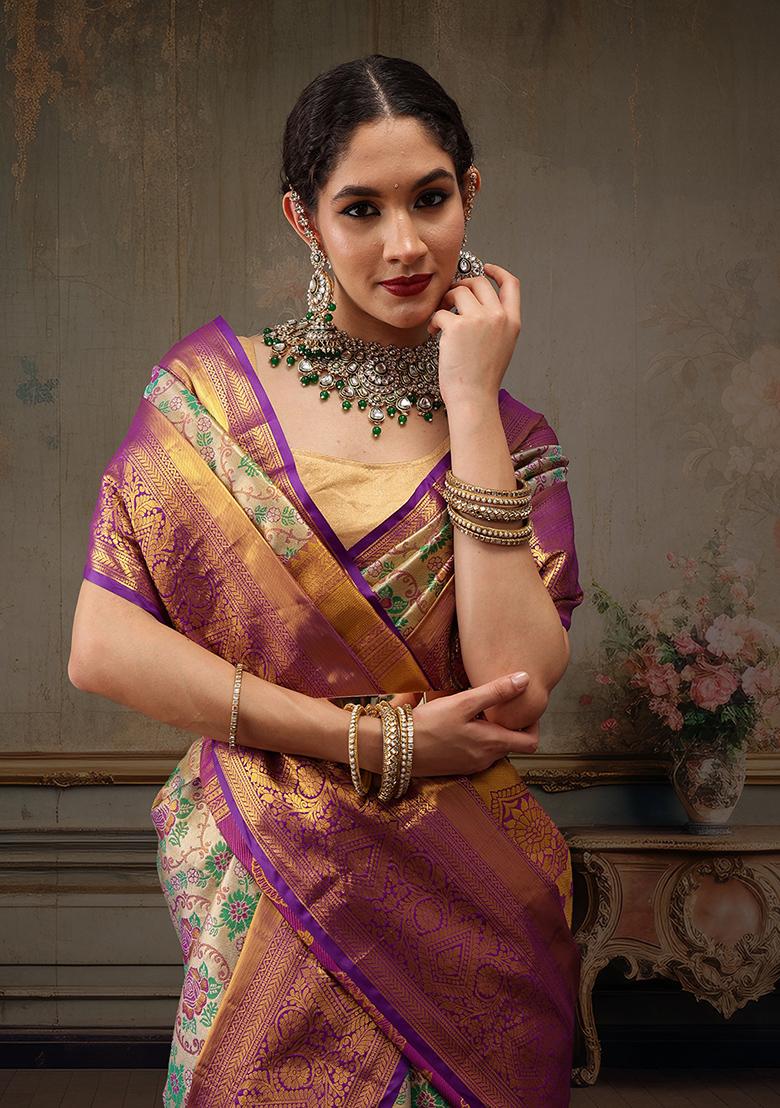 Grey Woven Pure Silk Banarasi Saree Set