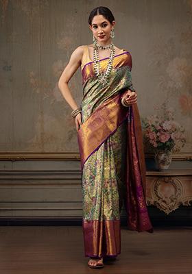 Bottle Green Woven Pure Silk Banarasi Saree Set