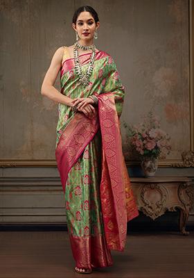 Parrot Green Woven Pure Silk Banarasi Saree Set