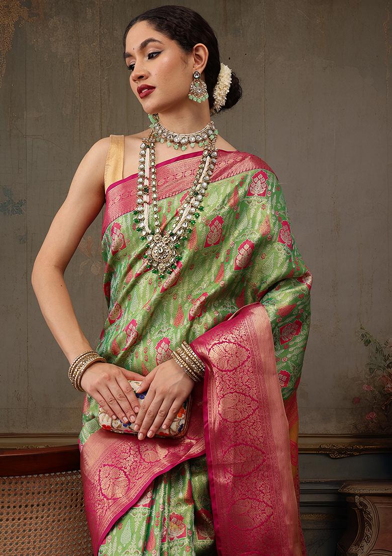 Parrot Green Woven Pure Silk Banarasi Saree Set - Indya