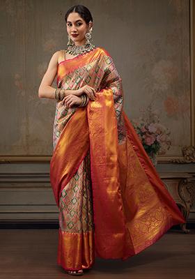 Multi Color Pure Silk Banarasi Saree Set