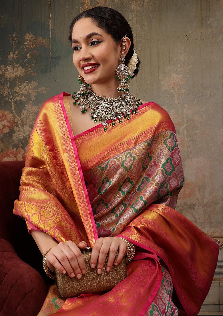 Multi Color Pure Silk Banarasi Saree Set - Indya