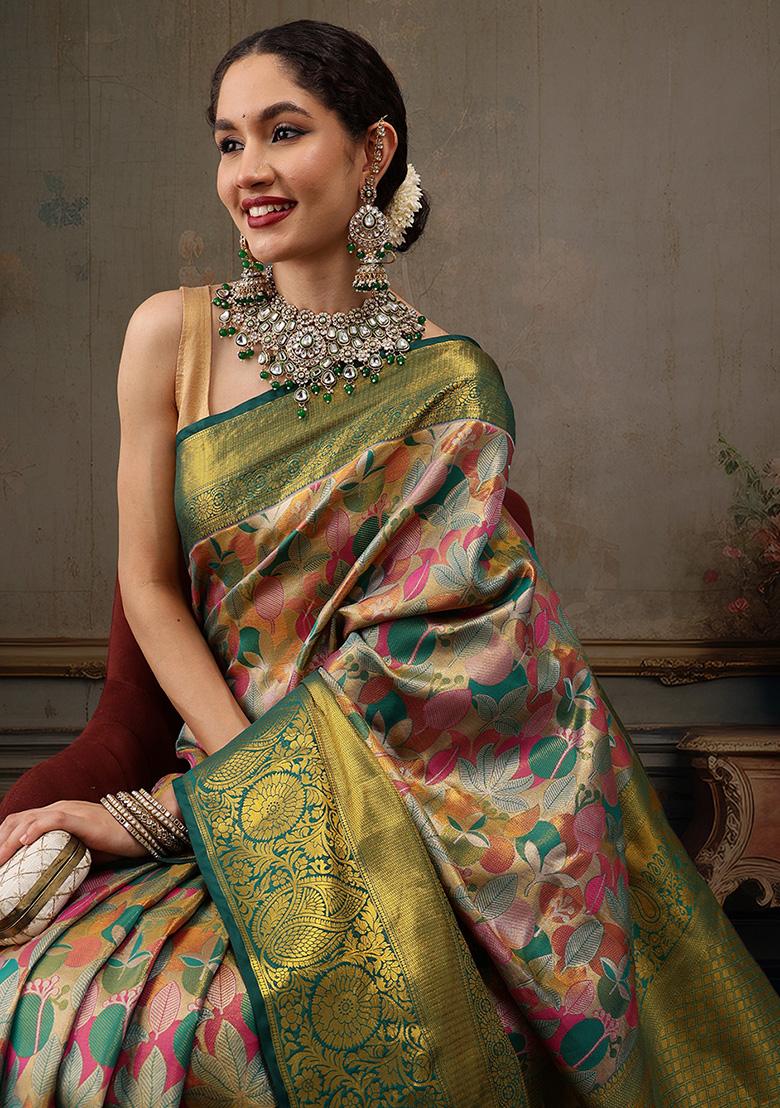 Multicolor Woven Pure Silk Banarasi Saree Set - Indya
