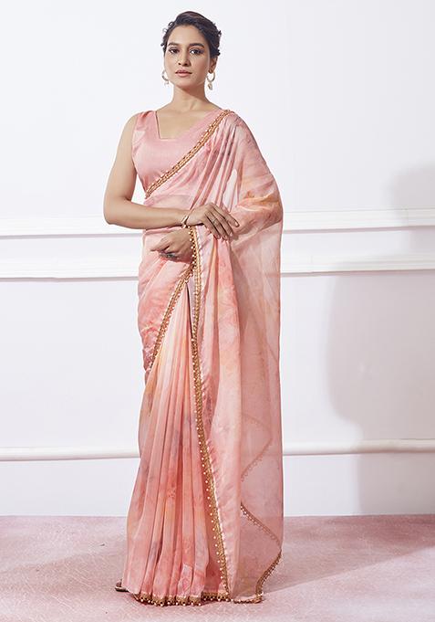 Peach Printed Mirror Embellished Organza Saree