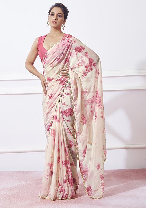 Peach Abstract Print Mirror Embellished Organza Saree