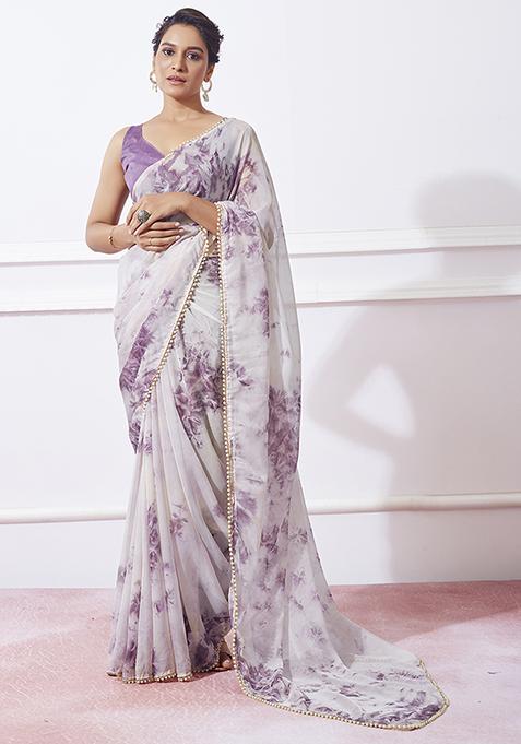 Lavender Printed Mirror Embellished Organza Saree