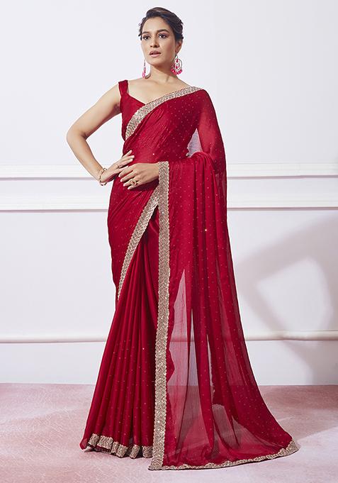 Red Bead Stone Embellished Satin Saree