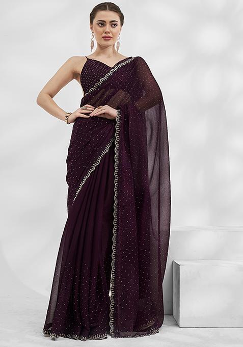 Burgundy Bead Stone Embellished Chiffon Saree