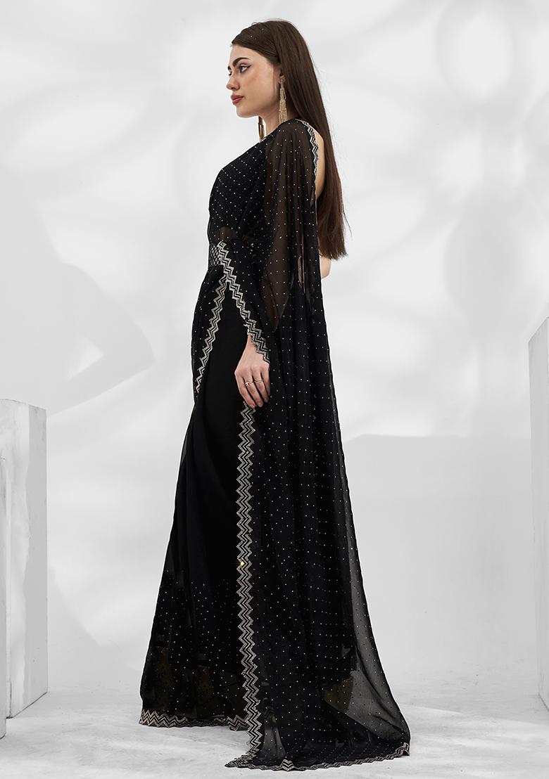 Black Bead Stone Embellished Chiffon Saree - Indya