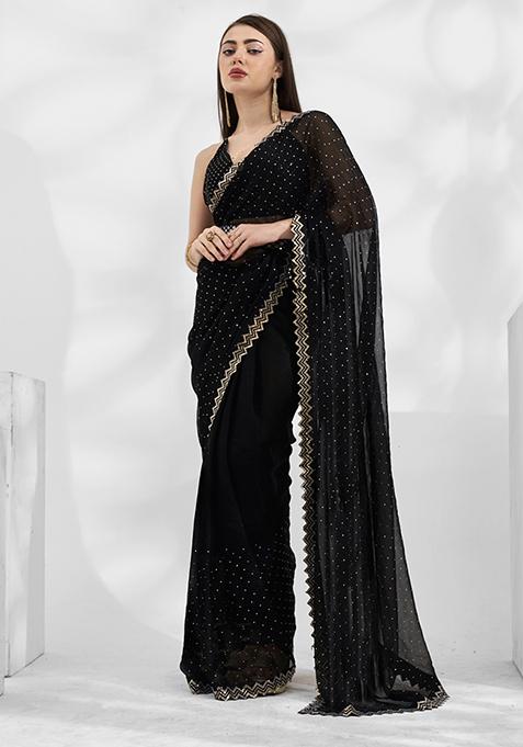 Black Bead Stone Embellished Chiffon Saree