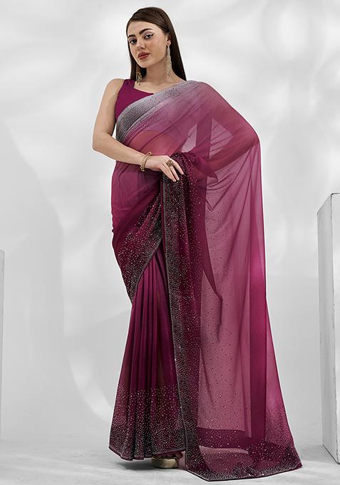 Maroon Ombre Bead Stone Embellished Saree