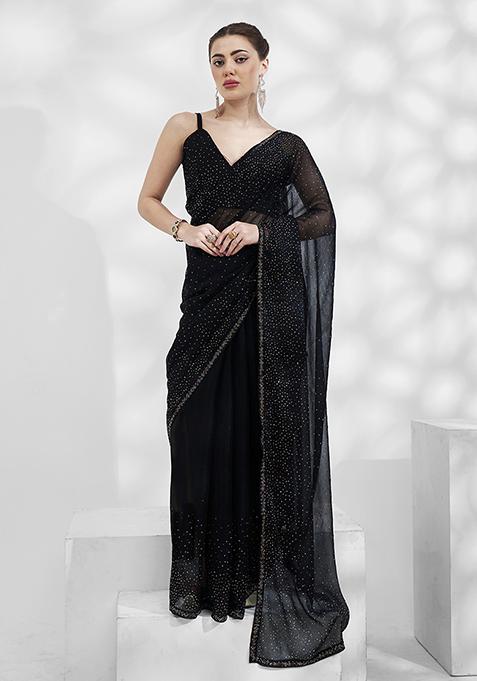 Black Bead Embellished Pure Chiffon Saree