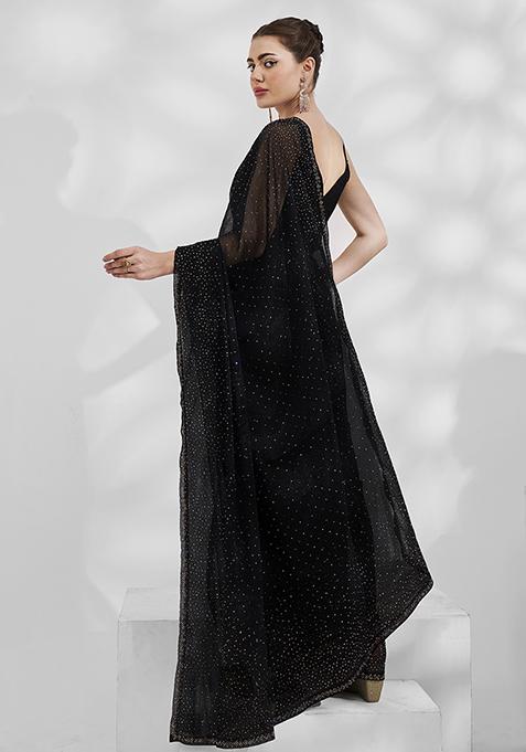 Women's Pure Chiffon Black Embellished Designer Saree With Blouse Piece