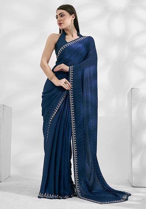 Teal Bead Stone Embellished Pure Chiffon Saree