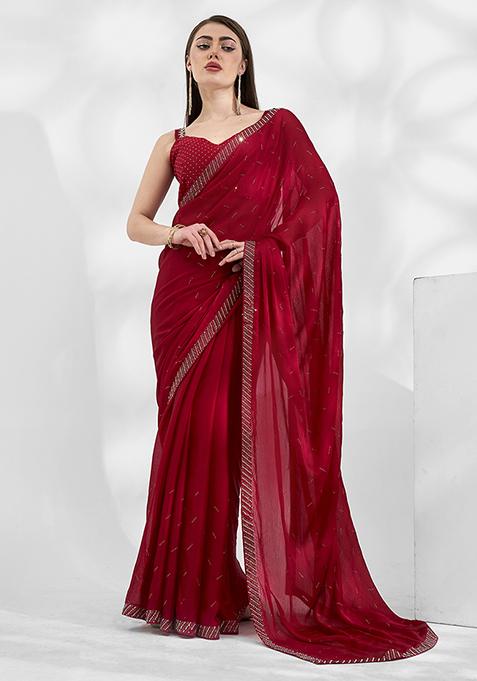 Red Bead Stone Embellished Satin Chiffon Saree