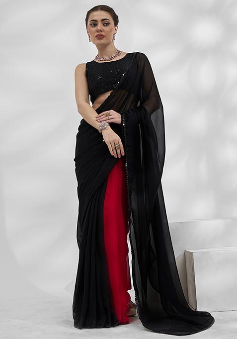 Black And Red Color Block Satin Chiffon Saree