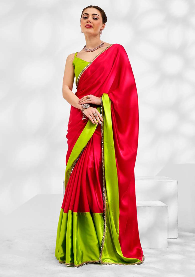 Neon Green And Pink Color Block Mirror Embellished Saree - Indya