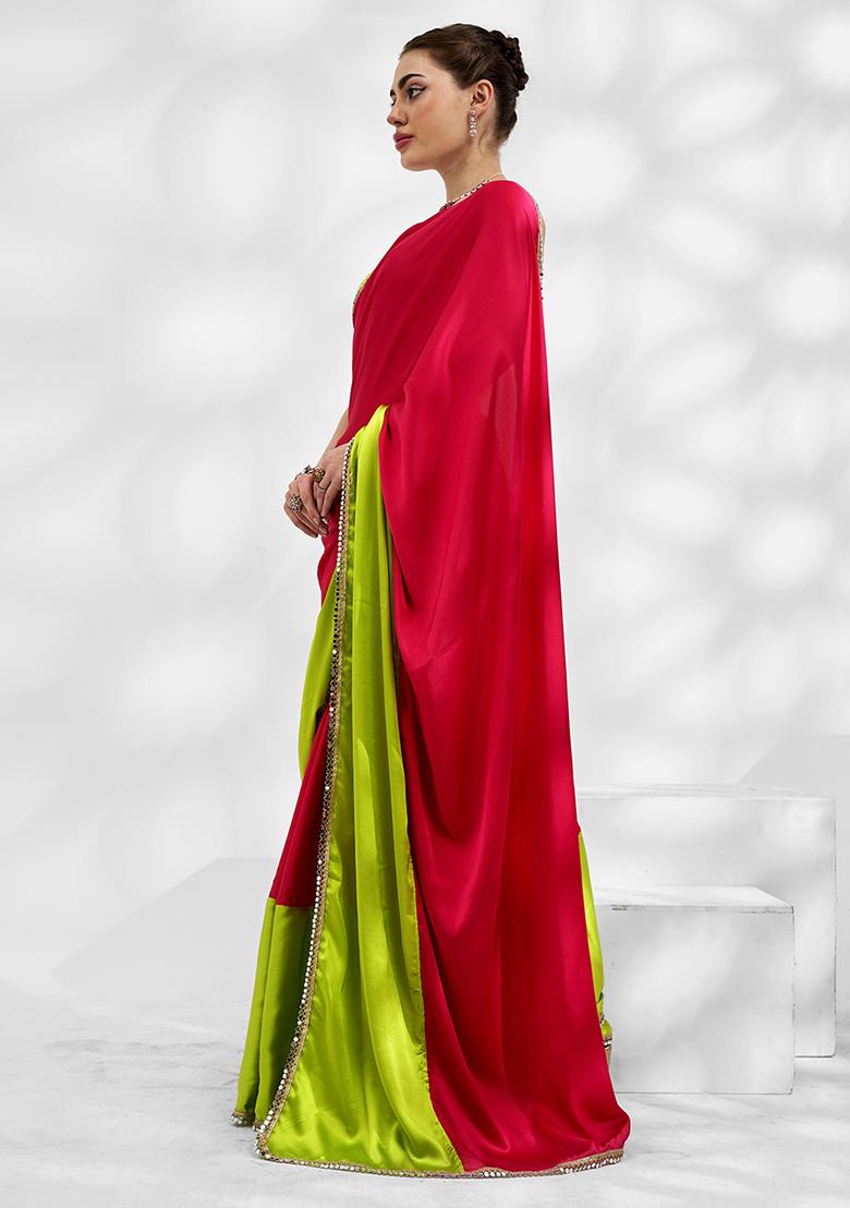 Neon Green And Pink Color Block Mirror Embellished Saree