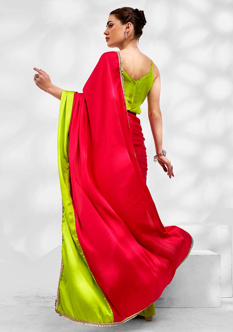 Neon Green And Pink Color Block Mirror Embellished Saree - Indya
