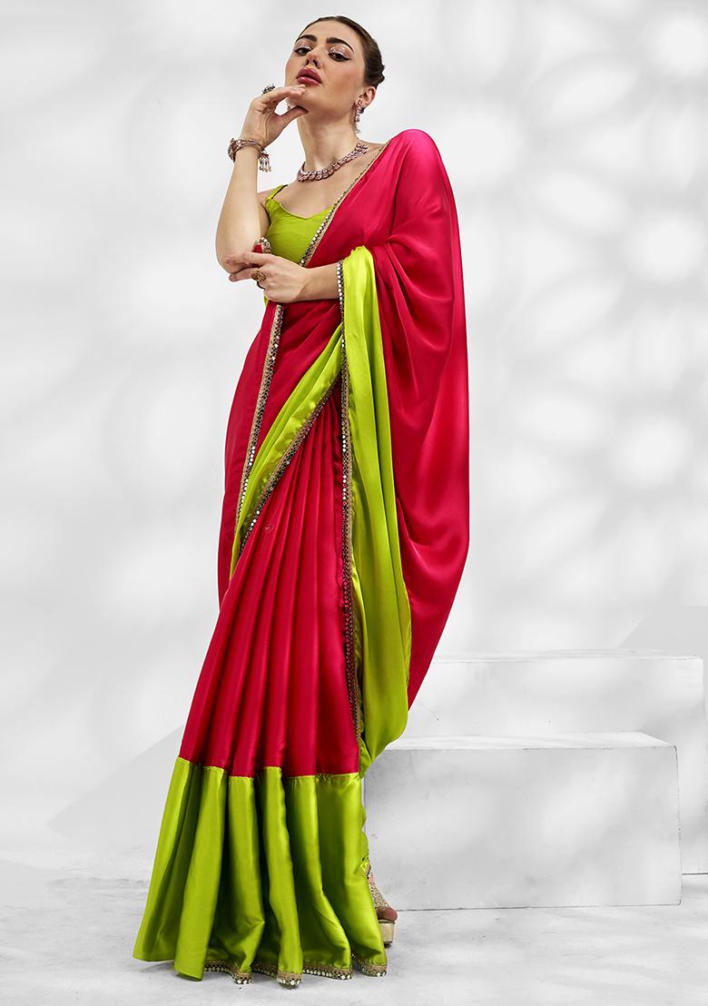 Neon Green And Pink Color Block Mirror Embellished Saree