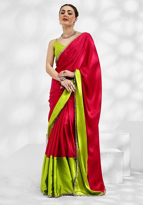 Neon Green And Pink Color Block Mirror Embellished Saree