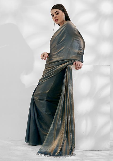 Metallic Teal Solid Tissue Organza Saree