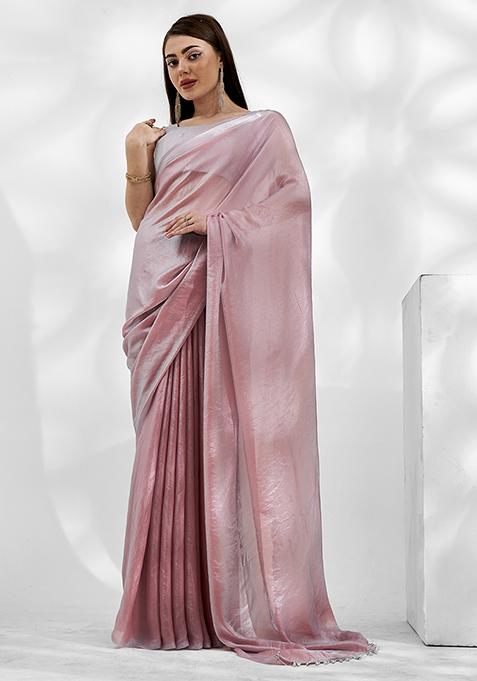 Metallic Pink Solid Tissue Organza Saree