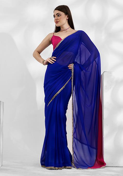 Blue And Pink Color Block Mirror Embellished Saree