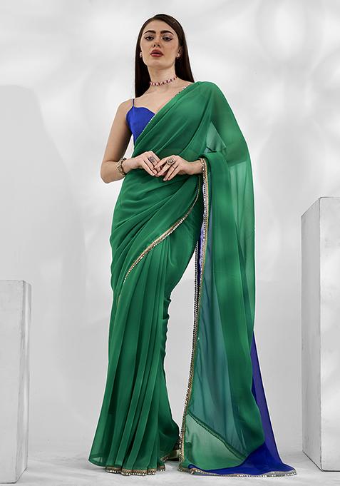 Green And Blue Color Block Mirror Embellished Saree