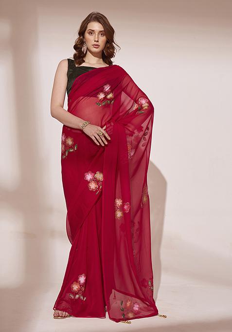 Red Hand Painted Embellished Organza Saree