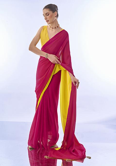 Pink And Yellow Color Block Pure Chiffon Saree