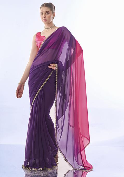 Pink And Purple Color Block Mirror Embellished Saree