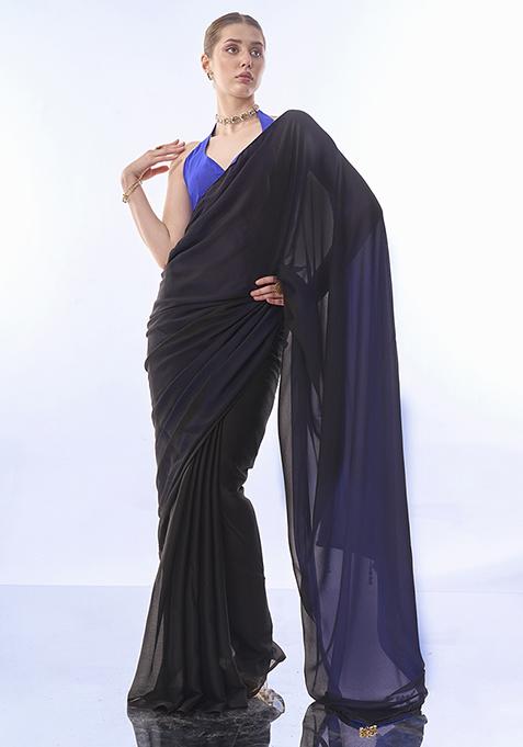 Black And Blue Color Block Pure Chiffon Saree