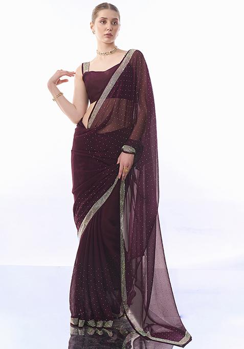 Burgundy Bead Stone Embellished Pure Chiffon Saree