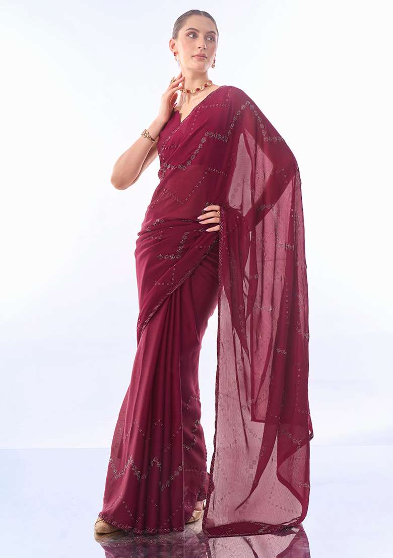 Maroon Mukaish Work Pure Chiffon Saree - Indya